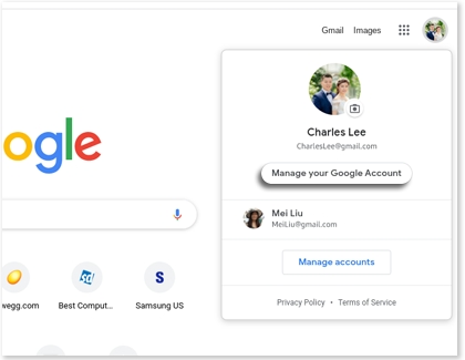 Manage your Google Account highlighted under profile picture on a Samsung Chromebook