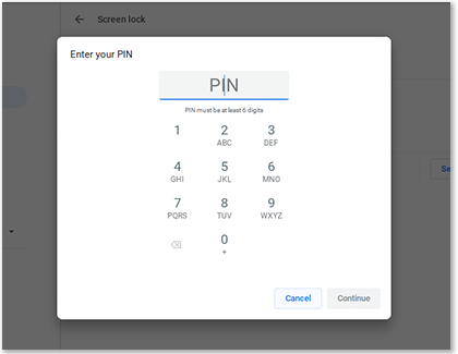 PIN text field selected with Continue options below it on a Samsung Chromebook