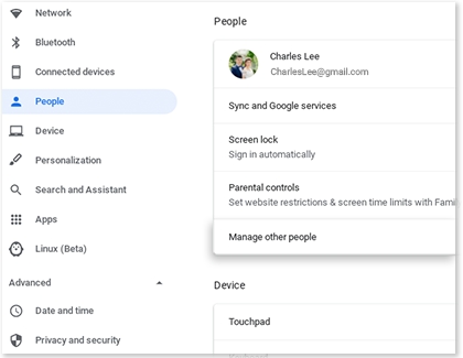 Manage other people highlighted on a Samsung Chromebook