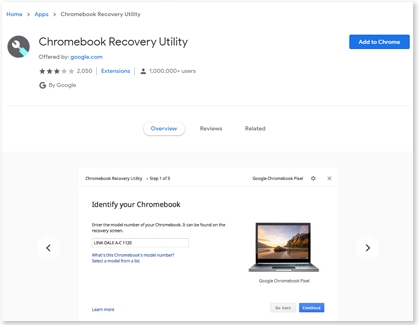 Chromebook Recovery Utility with Add to Chrome next to it on a PC