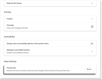 Reset settings area highlighted on a Samsung Chromebook