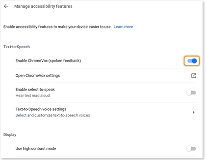 ChromeVox switched on under Manage accessibility features with a Samsung Chromebook