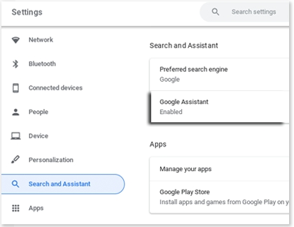 Google Assistant highlighted in Chromebook Settings