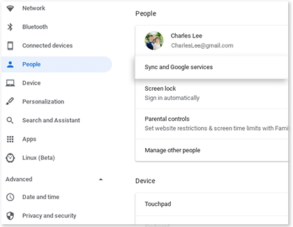 Sync and Google services highlighted under People on a Samsung Chromebook