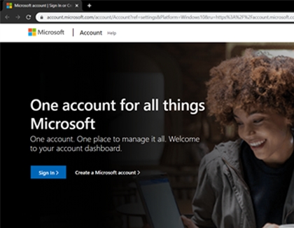 Microsoft website with an option to create a Microsoft account or Sign in