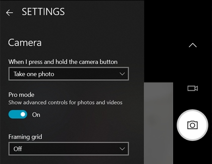 A list of camera settings on the left side