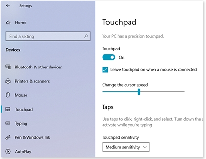 Devices window with Touchpad selected and a list of its options and settings