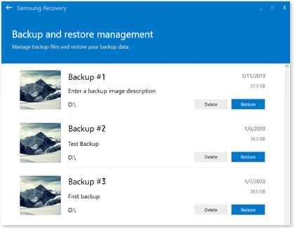 Backup and restore management window with a list of backups