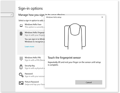 Windows Hello setup window with instructions to touch the fingerprint sensor