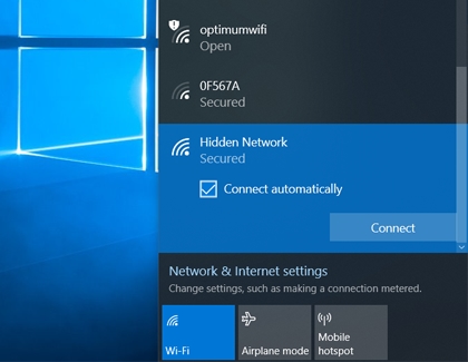 Hidden Network highlighted with Connect option