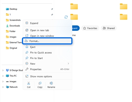 A computer screen showing a file explorer menu with the Format option highlighted in a blue box.