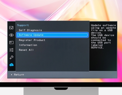 A Samsung Smart Monitor showing the Support menu with the Software Update option highlighted in blue.
