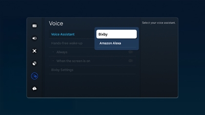 Voice assistant selection screen on a Samsung monitor showing Bixby and Amazon Alexa options.