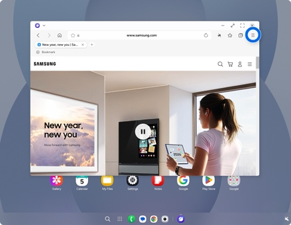 A Samsung DeX screen showing the Samsung website in an internet browser with the three line menu icon highlighted by a blue circle.