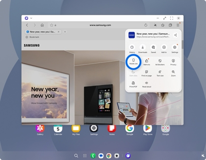 A Samsung DeX screen showing an internet browser menu with the Mobile site option highlighted by a blue circle.