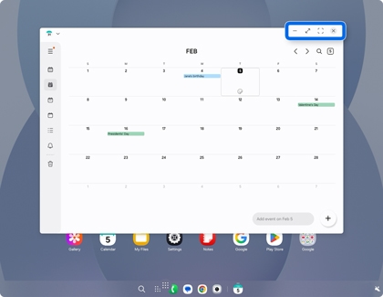 A Samsung DeX screen showing a Calendar window with the minimize maximize and full screen icons highlighted by a blue rounded box.