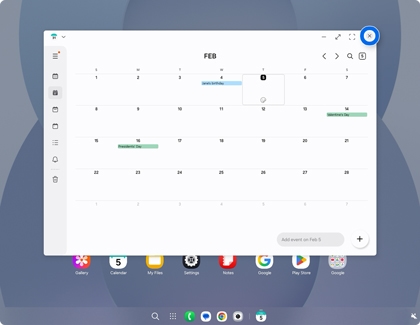 A Samsung DeX screen showing a Calendar window with the close icon highlighted by a blue circle in the top right corner.
