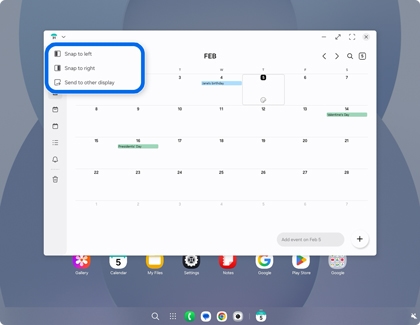 A Samsung DeX screen showing a Calendar window with a menu for snap to left snap to right and send to other display highlighted by a blue box.