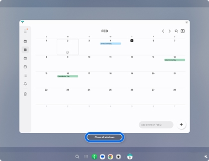 A Samsung DeX screen showing a calendar window and a blue rounded box highlighting the Close all windows button in the bottom center.
