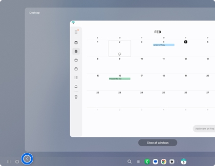 A Samsung DeX screen showing a calendar window and a blue circle highlighting the back icon on the far left of the taskbar.