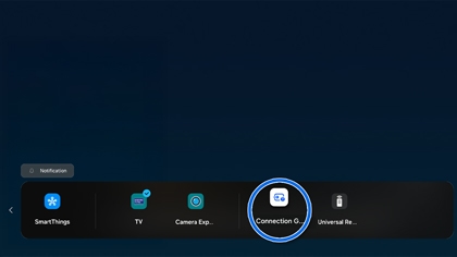 Connection Guide icon highlighted on a Samsung monitor interface next to SmartThings and TV app icons.