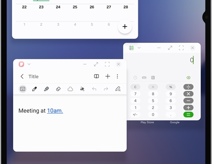 A Samsung DeX screen showing multiple open windows including a calendar a notes app with text meeting at 10am and a calculator app.