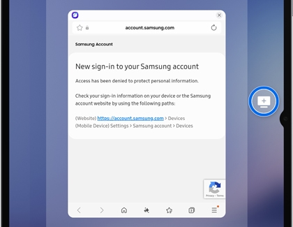 A Samsung DeX screen showing a Samsung account sign in window with a blue circle highlighting a monitor plus icon on the right edge.