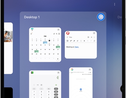 A Samsung DeX screen showing the Desktop 1 workspace view with a blue circle highlighting the close icon in the top right corner.