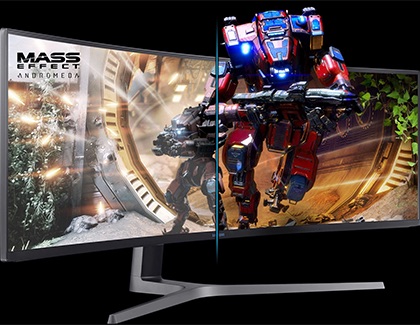 Samsung ultrawide gaming monitor displaying Mass Effect Andromeda with a split screen showing normal and enhanced refresh rate visuals.