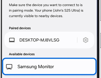 Galaxy S25 Ultra showing the Bluetooth pairing screen with a Samsung Monitor available for connection.