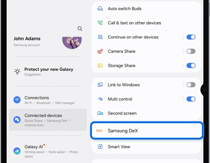 A Galaxy tablet showing the Connected devices menu with the Samsung DeX option highlighted by a blue rounded box.