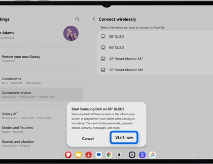 A Galaxy tablet showing a pop up message to start Samsung DeX on a QLED TV with the Start now button highlighted by a blue rounded box.