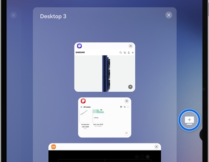 A Galaxy tablet showing the Desktop 3 workspace view with a monitor plus icon on the right edge highlighted by a blue circle.