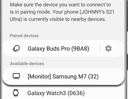 Samsung Smart Monitor highlighted on a Galaxy phone Bluetooth list