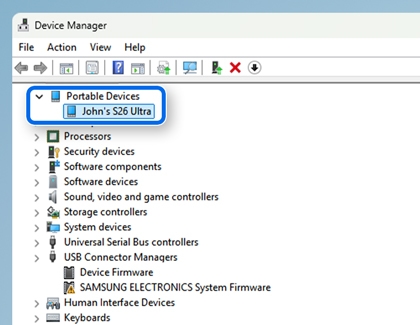 Device Manager window with Portable Devices expanded and a connected Galaxy S26 Ultra outlined in blue.