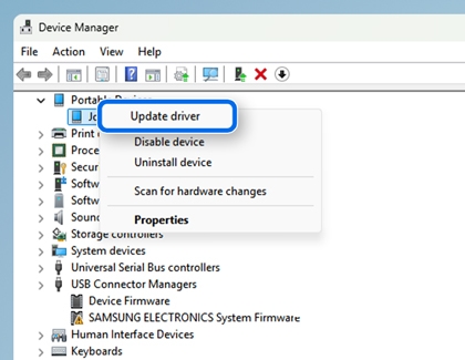 Device Manager context menu with Update driver option outlined in blue.