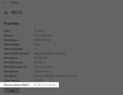 Network Connection Details with the Physical Address highlighted