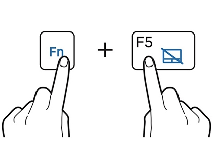 Illustration of two hands pressing Fn and F5 keys together to lock or disable the touchpad.