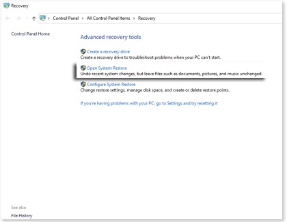 Open System Restore highlighted under Recovery on a Samsung Windows PC