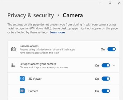 List of Camera access settings