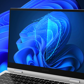 Samsung Galaxy Book showing the Windows 11 wallpaper with a shield