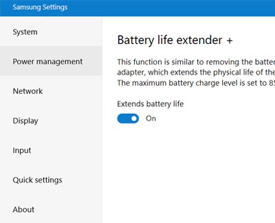 Extends battery life switch enabled in Battery life extender plus settings