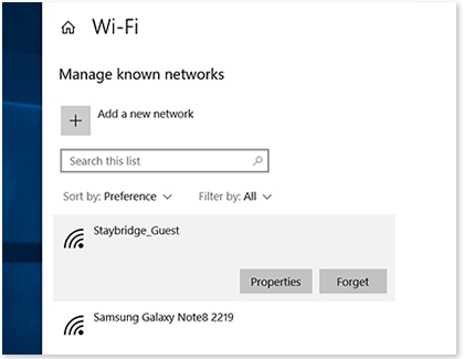 Known networks settings page