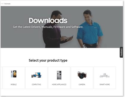 Samsung Download Center with a list of product types