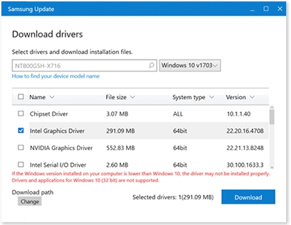 Samsung Update Download drivers screen