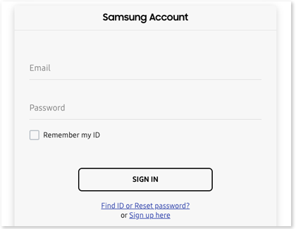 Samsung Account creation Icloud Login, with Sign up here options displayed
