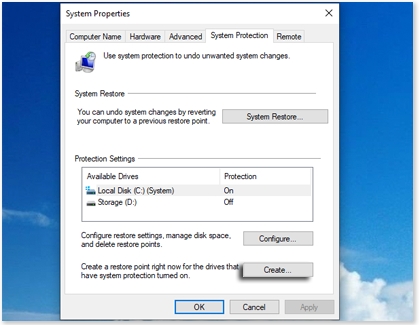 Create option highlighted under System Protection on a Samsung Windows PC