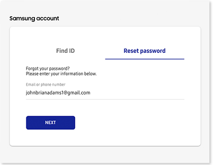 Samsung account screen with the Reset password tab highlighted
