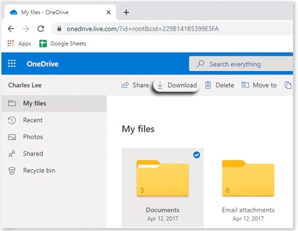 Download option highlighted on the OneDrive website