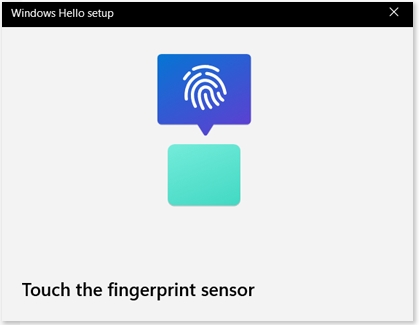 Windows Hello setup screen with instructions to touch the fingerprint sensor